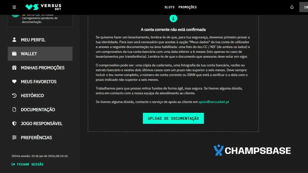 VERSUSbet – página de verificação de conta e upload de documentação
